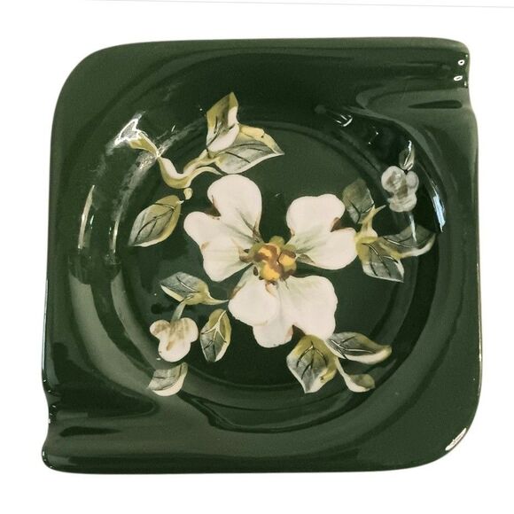 Vintage Square Ashtray Green White Floral Vee Jackson California Pottery 3.5" - Picture 5 of 12